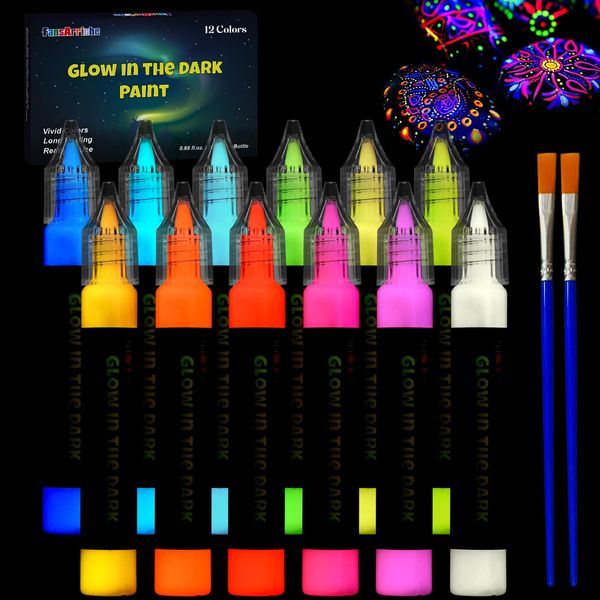 FansArriche Glow-in-the-Dark Colours, 12 x 20 ml, Glow in the Dark Colour, 3D Waterproof Textile Paint, Fluorescent Paint, DIY Glow in the Dark Fabric Paints, Glue Stick for Children's Painting