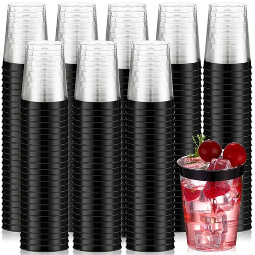 Tanlade 200 Pcs 10oz Plastic Cups Clear Plastic Tumblers Rimmed Plastic Cups Fancy Disposable Cups Elegant Party Cups for Wedding, Thanksgiving Day, Christmas, Drinking (Black Rim)