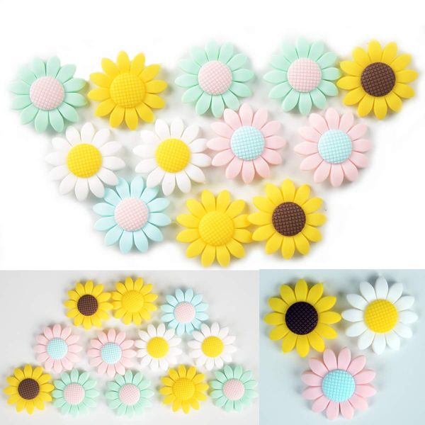 Alenybeby 6pcs Silicone Sunflower Pearl Bead Bracelet Silicone Animal Flower Beads for Keychain DIY Beading Mom Necklace Craft Jewelry Accessories