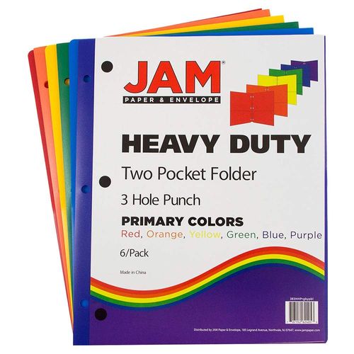 JAM PAPER Heavy Duty Plastic 3 Hole Punch Pocket Folders - Extra Tough School Folders - Assorted Primary Colors - 6/Pack