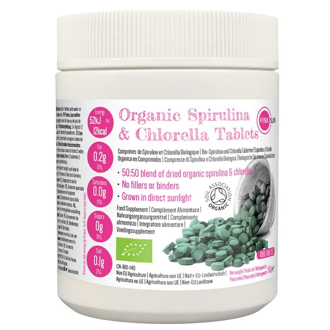 PINK SUN Organic Spirulina and Chlorella Tablets 500mg x 1000 Combined Tabs 50:50 Blend Gluten Free Non GMO Vegetarian Vegan Certified by The Soil Association Bulk Buy 500g