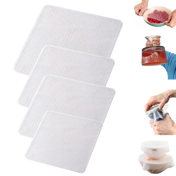 Set of 4 Silicone Wraps, Silicone Wraps, Wrap Films, Food Wraps, Silicone Wraps, Cold Resistant, Heat Resistant, Microwave Safe, Clear Drop Lids, Silicone Lids, Sealing, Cup Covers, Cooking Storage,