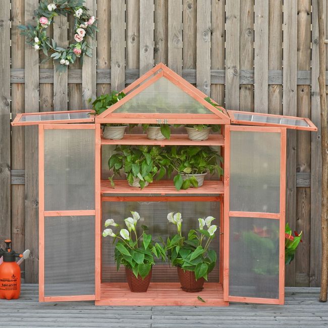 32" x 19" x 54" Wooden Cold Frame Greenhouse for Plants PC Board Orange