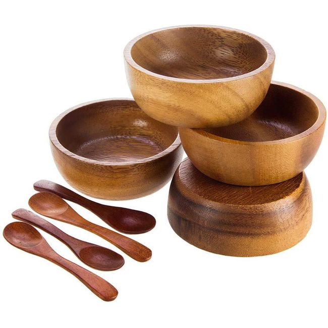 MINIATURE DOLL SIZE Tiny 2¾" Dia Acacia Calabash Wood Bowl for Condiments, Dip Sauce, Nuts, Ketchup, Jam, Herb, Prep, Olive, Salsa, Round Wooden Brown Bowl 2.75"x1.5" H Set of 4 (FREE 4 Wood Spoons)