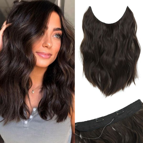 Hair Extensions Black with Adjustable Size Removable Clips Invisible Secret Hair Extension 12inch One Piece Synthetic Natural Brown Curly Hair Pieces for Women