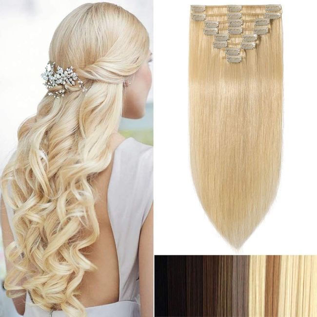 Clip In Extensions Echthaar Human Hair Extensions Standard Weft 100% Remy Echthaar Extensions Haarverlängerungen 8 Tressen 18 Clips Glatt 50cm / 105g (#613 Hellblond)