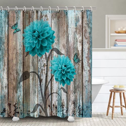 RosieLily Teal Floral Shower Curtain, Farmhouse Turquoise Blue Flower Shower Curtains Set with 12 Hooks, Teal Daisy Grey Wood Shower Curtain, Gray Bathroom Decor, 72" W x 78" H