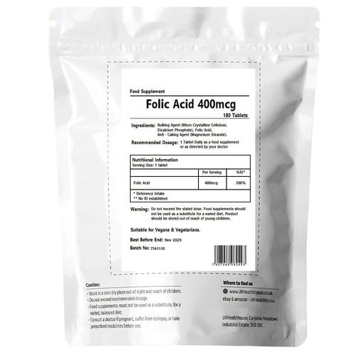 UKHealthHouse Premium Folic Acid 400mcg x 180 B Vitamin 100% Daily Value Supplements Supports Maternal Tissue Growth Reduce Tiredness & Fatigue Vegan & Gluten Free