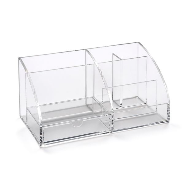 OSCO Clear Acrylic Desk Organiser | 7 section | Pull Out Drawer | Desk Tidy | Stationery Storage | Makeup | Cosmetics | H12 x W25 x D13 cm