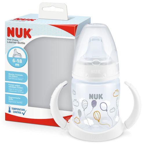 NUK First Choice Sippy Cup | 6-18 Months | 150 ml | Handles & Orthodontic Silicone Spout | Leak-Proof | Anti-Colic | Temperature Control | BPA-Free | White