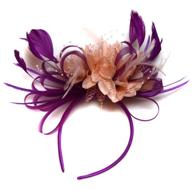 Caprilite Fashion Plum Magenta and Nude Salmon Turquoise Feather Hair Fascinator Headband Wedding Royal Ascot Races Ladies