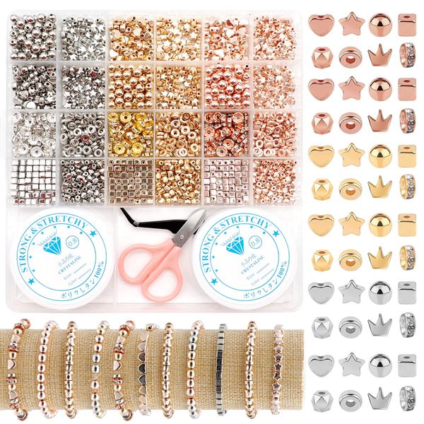 1744 Pcs 4mm 6mm Spacer Beads, 8 Styles Round Flat Gold Spacer Loose Beads Stopper Beads for Bracelet Necklace DIY Crafts Jewelry Making Supplies