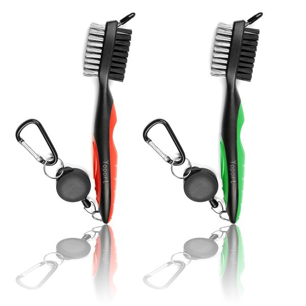 Yoport® Two Pack Golf Club Brush and Club Groove Cleaner 2 Ft Retractable Zip-line Aluminum Carabiner, Lightweight and Stylish, Ergonomic Design, Easily Attaches to Golf Bag (red+Green)