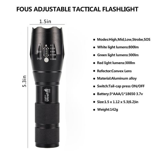 ULTRAFIRE A100 Tactical Flashlight, 900 Lumens 5 Modes LED Zoomable Hunting Flashlight Torch with Duty Belt Flashlight Holster, Red/Green/White Exchange Glass
