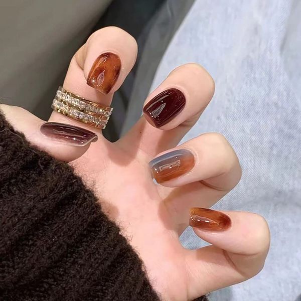 24 Cold Brew Coffee Gradient Fake Nails - Perfect for Coffee Lovers