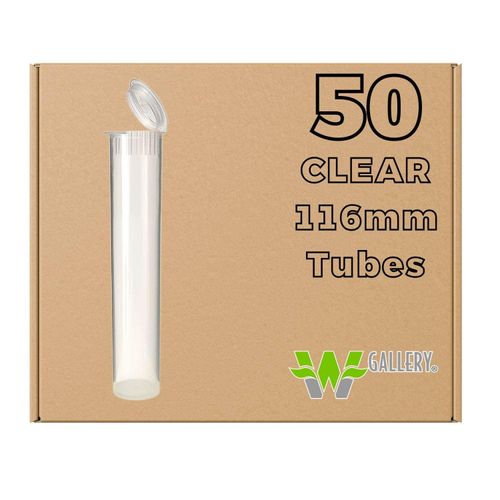 W Gallery 50 Clear 116mm Pop Top Tubes - Airtight Smell Proof Containers - Plastic Medical Grade Prescription Bottles for Pills Herbs Flowers Supplements, Bulk Pack, Not Glass Jars