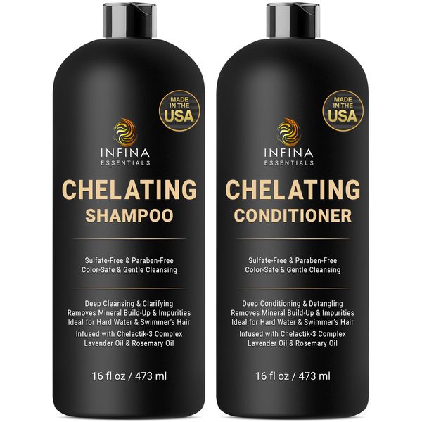 INFINA ESSENTIALS Chelating Hard Water Shampoo and Conditioner Set with Chelactik-3 & Rosemary Oil - Color Safe Metal Detox Shampoo and Conditioner for Mineral Build-Up & Swimmers Hair - 16 fl oz each