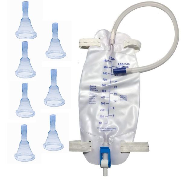 Male Complete Kit Urinary Incontinence 7-Condom Catheters External Self-Seal,Premium Leg Bag （1000ml）with 18" Tubing, Straps & Fast and Easy Draining (31mm (Intermediate))