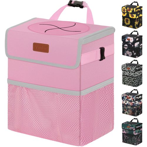 Vankor 3 Gallons Car Trash Can with Lid, Car Trash Bag Bin Hanging Waterproof Automotive Garbage Cans Leak Proof Vehicle Trash Can Pink
