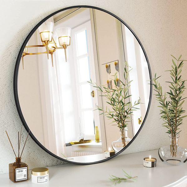 Chic Black Metal Frame Round Mirror 32'' Wide Wall Vanity Mirror Home Bathroom