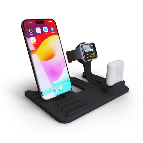 Chargeworx 3 in 1 Charging Stand [Compatible with MagSafe Charger, Airpods & iPhone], Bendable, Rubber Charging Frame Holder for Cables, Pads | Matte Black Finish (Charger NOT Included)