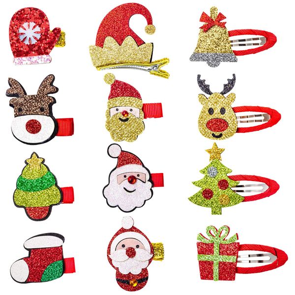 MELLIEX Christmas Hair Clips Hair Snap Barrettes Santa Elk Alligator Clips Party Hair Accessories for Little Girls, 12 Count (Pack of 1)