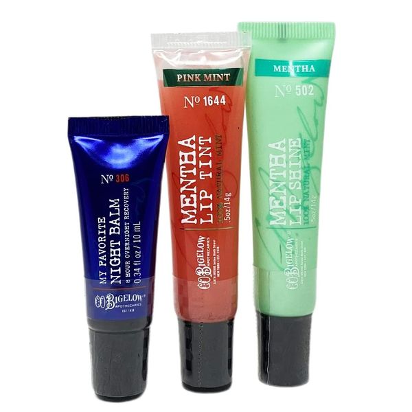 Bath & Body Works C.O. Bigelow Lip Ritual Trio - Mentha Lip Shine, Mentha Pink Lip Tint, My Favorite Night Balm Gift Set in a Decorative Christmas Gift Box