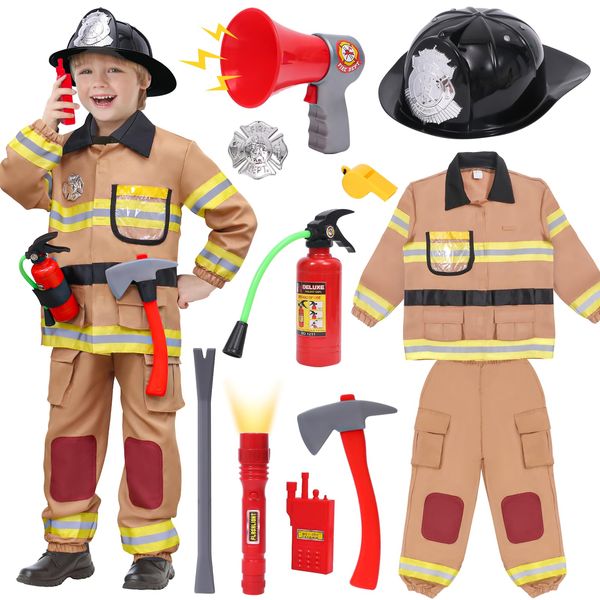 Tacobear 12pcs Firefighter Costume for Kids, Brown Fireman Outfit with Complete Firefighter Accessories, Dress Up Pretend Play Toy Birthday Gift Halloween Costume for Boy Kid Toddler