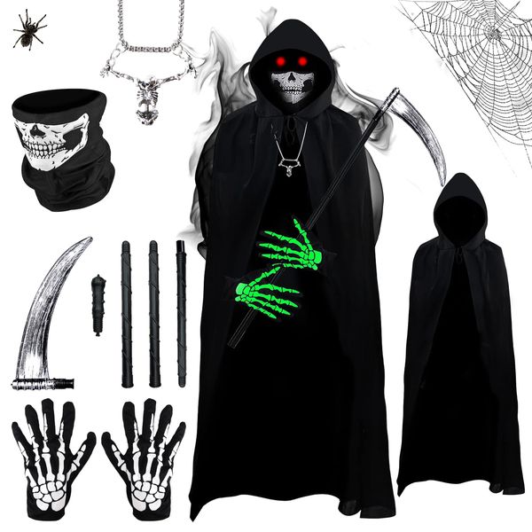 Sensenmann Kostüm Herren, Schwarzer Umhang mit Kapuze, Halloween Kostüm Set mit Skelett Maske Totenkopf Leuchthandschuhe, Halskette, Sichel Geeignet für Jugendliche Erwachsene Männer Damen (150-180CM)
