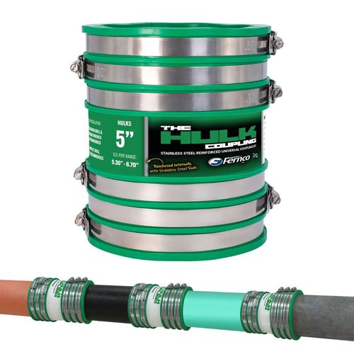 Fernco 5" Hulk Pipe Coupling Non Shear Below Ground Rated Universal Connector for Clay, Plastic, Concrete Ductile and Cast Iron Materials