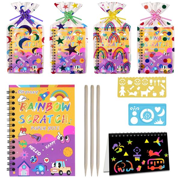 Cityrosy 12 Pack Scratch Art Paper Rainbow Sets Scratch Off Art Notebook Crafts Easter Gifts for Kids Magic Set Crafts Supplies Kits for Age 3-12 Kids for Party Games Easter Christmas Small