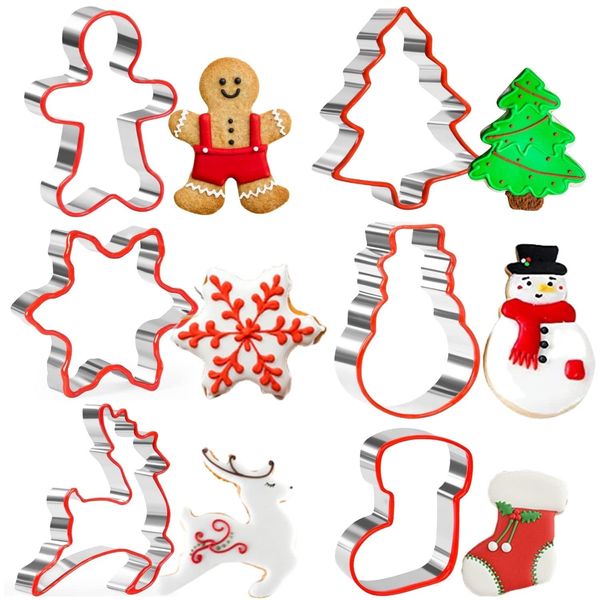 Crethink Christmas Cookie Cutters,6 Pieces Stainless Steel Cookie Cutters with Soft Silicone Edge Gingerbread Man,Christmas Tree,Reindeer,Snowflake,Snowman and Christmas Stocking