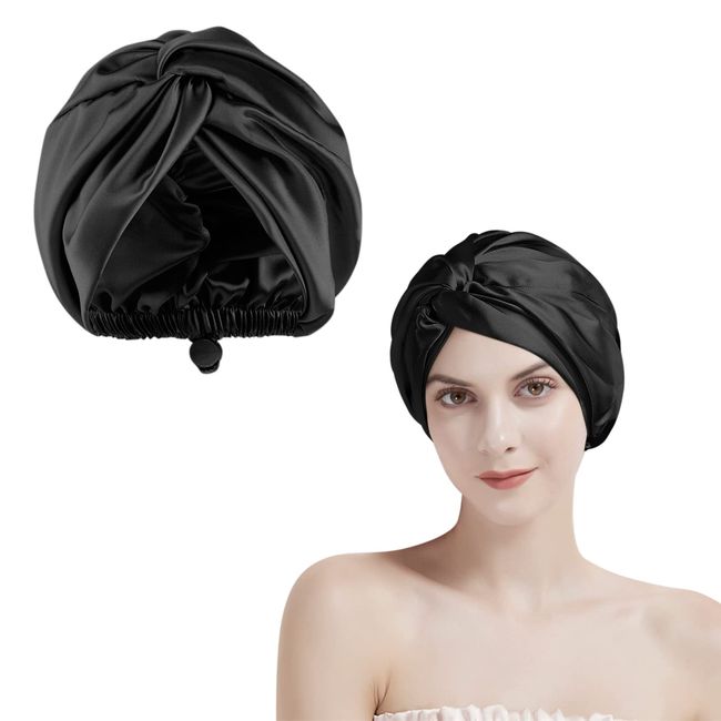 Unaone Silk Bonnet for Sleeping, Double-Layer Satin Bonnet for Women, Sleep Cap Hair Bonnet with Adjustment Button for Short & Long Hair (Black)