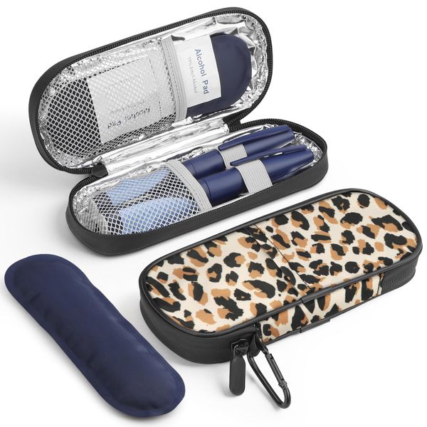 Gelozid Insulin Cooler Travel Case Diabetic Medication Insulated Cool Organizer with 2 Reusable Ice Packs for Insulin Pen and Other Diabetic Supplies, for The Daily Life and Trip, Leopard Print