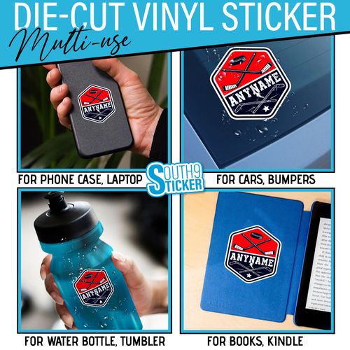 Personalized Custom Name Sticker Stick Ice Hockey Logo Team Name Customized Waterproof Die-Cut Vinyl Stickers for Water Bottle Laptop Hard Hat Kindle Cars Sticker Decal Decor Gifts for Men Women Kids