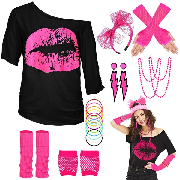 WILDPARTY 80s Fancy Dress For Women, Lip Print T-shirt, Leg Warmers, Necklace, Fishnet Gloves, Earrings, 1980s Costumes Neon Accessories for Retro Theme Party Cosplay