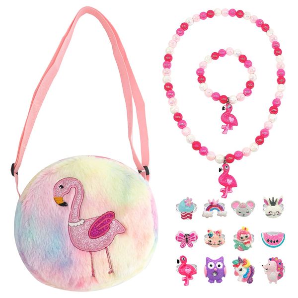 Elesa Miracle Little Girl Plush Purse Handbag Kids Necklace Pretend Play Toy Playset Jewelry Crossbody Purse for Children Toddler Baby Girls, Flamingo