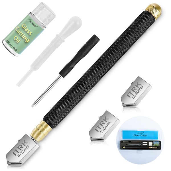 Glass Cutter 2mm-20mm & Glass Cutting Oil, Upgrade Glass Cutting Tool with Aotomatic Oil Feed, Pencil Style Oil Feed Carbide Tip Glass Cutter for Mirror/Tiles/Mosaic