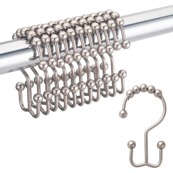 Shower Curtain Hooks Rust Resistant Shower Curtain Rings Metal Glide Rollers Shower Hooks for Bathroom Shower Curtain Rods Curtains, Set of 12, Matte Nickel