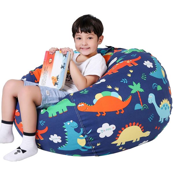 Lukeight Stuffed Animal Storage Bean Bag Chair Cover for Kids, Dinosaur Zipper Beanbag Chair Cover for Organizing Toddler & Kids' Rooms Plush Toys (Dinosaur, Large)