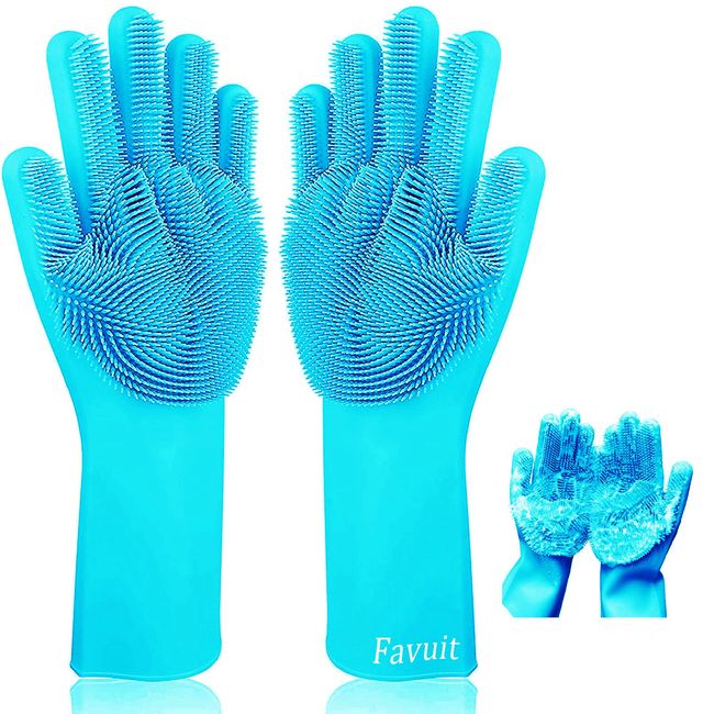 [Favuit] Kitchen Gloves, Cooking Gloves, Pet Shower Brush, Massage Gloves, Natural Silicone, Soft, Waterproof, Oil-proof, Heat Resistant, Durable, Reusable, Anti-Slip, Cooking, Cleaning, Dishwashing, Car-washing, Housework, Pet Hair Care (Blue)