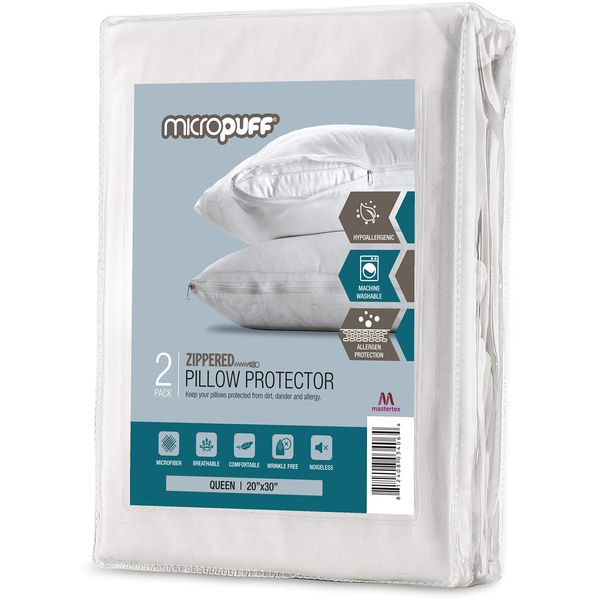 Micropuff Queen Size Pillow Protectors with Zipper - 2 Pack - Soft and Breatheable Hypoallergenic Pillow Cover. Pillowcase Protects Against Stains, Spills, and Perspiration.