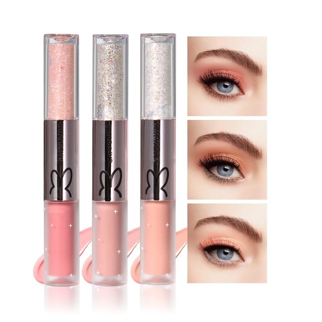 Prreal 3Pcs Liquid Glitter Matte Eyeshadow Set, Shiny Liquid Eyeliner and Matte Velvet Cream Eyeshadow 2 in 2, Long Lasting Shimmer Matte Eyeshadow, Waterproof Christmas EyeShadow Makeup Set (Color B)