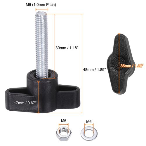 HARFINGTON 8pcs Tee Wing Knobs M6 x 30mm Metric Thread 36mm Z/T Head Plastic Handles Thumb Screws Hand Clamping Threaded Stud Knob Grip Thumbscrew with Nuts Washers, Black