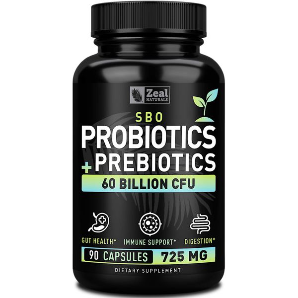 Probiotics and Prebiotics + SBO Probiotics (60 Billion CFU | 90 Capsules) Acidophilus Probiotic w. Saccharomyces Boulardii, Bifidobacterium + Spore Probiotic & Organic Sprouted Prebiotic Fiber Blend