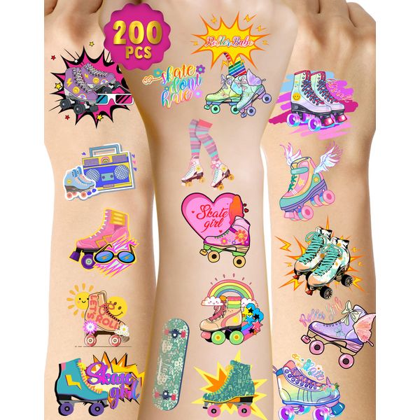 200 Pieces Roller Skate Temporary Tattoos Roller Skate 80s 90s Retro Themed Tattoos Stickers Party Decoration Supplies Party favors for Kids Adults Birthday Party Favors Goodie Bag Fillers