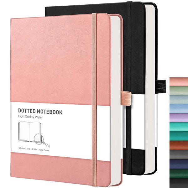 RETTACY Bullet Dotted Journal 2 Pack - A5 Dotted Grid Journal Notebook with 160 Pages per Pack, 120 GSM Premium Acid-Free Paper, Leather Hardcover, Back Pocket, 5.75'' × 8.38'' (Black & Pink)