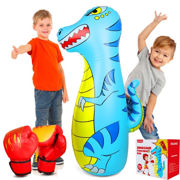 EQARD Punching Bag for Kids 47" Inflatable Dinosaur Bop Bag with Thicker Material Instant Bounce Back with Boxing Gloves Karate Kickboxing Taekwondo Kids Gift for Age 3-9 Girls & Boys (Blue)