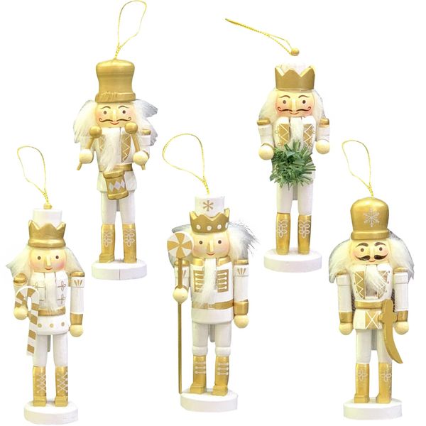 5Pcs Wooden Christmas Nutcracker Soldier Ornaments Gold,13cm Nutcracker Soldier Mini Figures Christmas Tree Decorations,Xmas Nutcracker King Hanging Ornaments for Traditional Christmas Tree Decoration