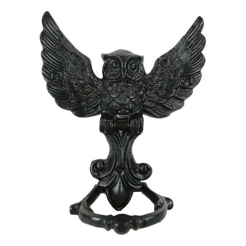 Metal Rustic Flying Wise Great Horned Owl Fleur De Lis Door Knocker Sculpture